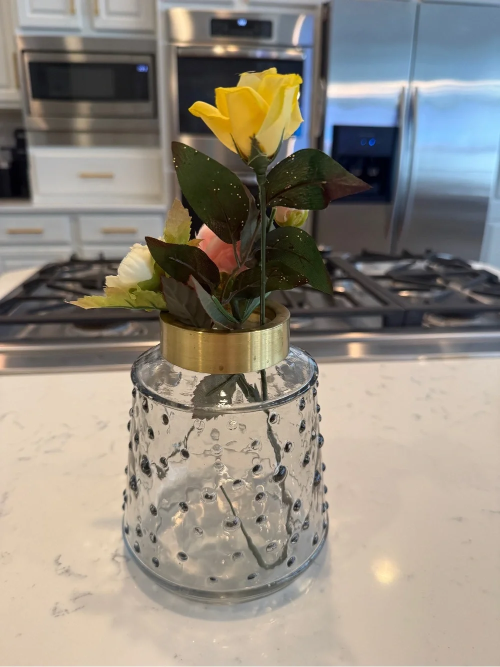 Faux Rose Floral Arrangement Textured Glass Vase Gold Rim Cottage Decor